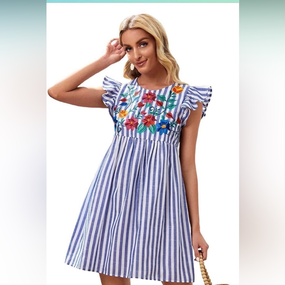 Striped Blue and White Floral Embroidered Mini Dress